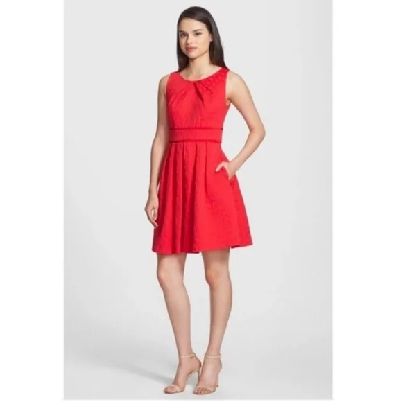 Eliza J | Dresses | Eliza J Pleated Jacquard Fit Flare Dress Size 8 Orange  Red Sleeveless Pocket | Poshmark